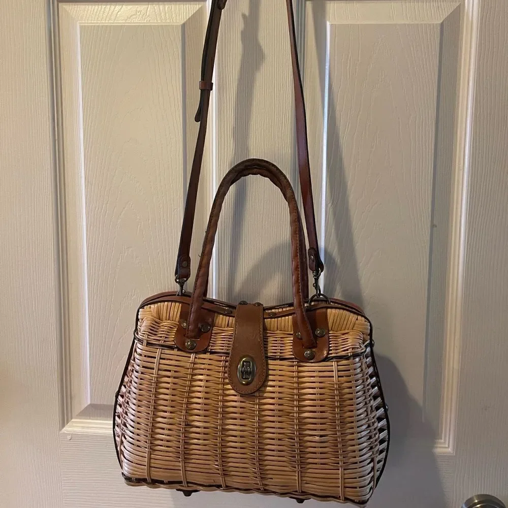 Patricia Nash wicker satchel /shoulder bag  leather trim &antique brass hardware